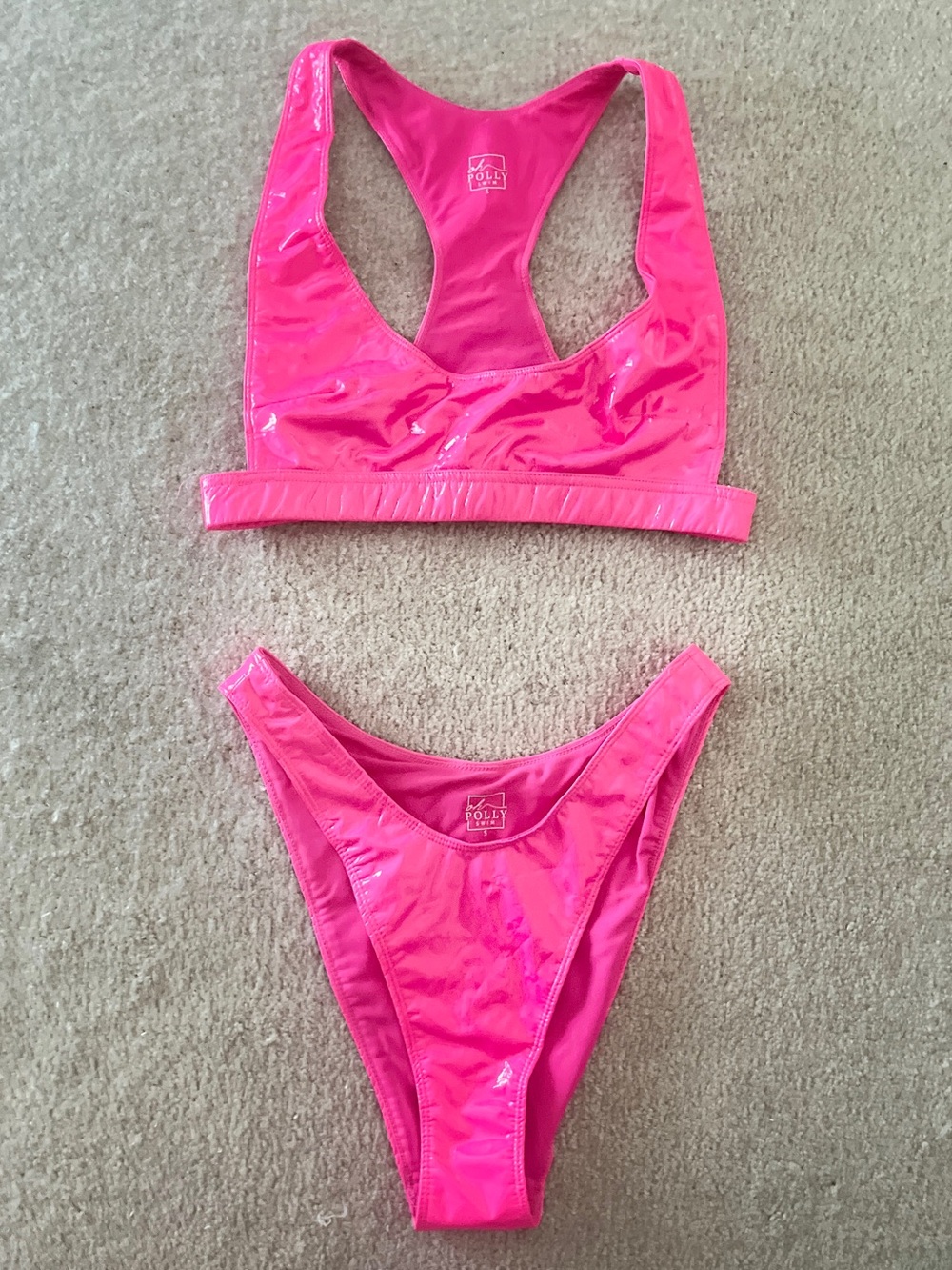 Oh Polly Hot Pink Glossy Wet-Look Vinyl Racerback High-Cut Bikini Set - Small